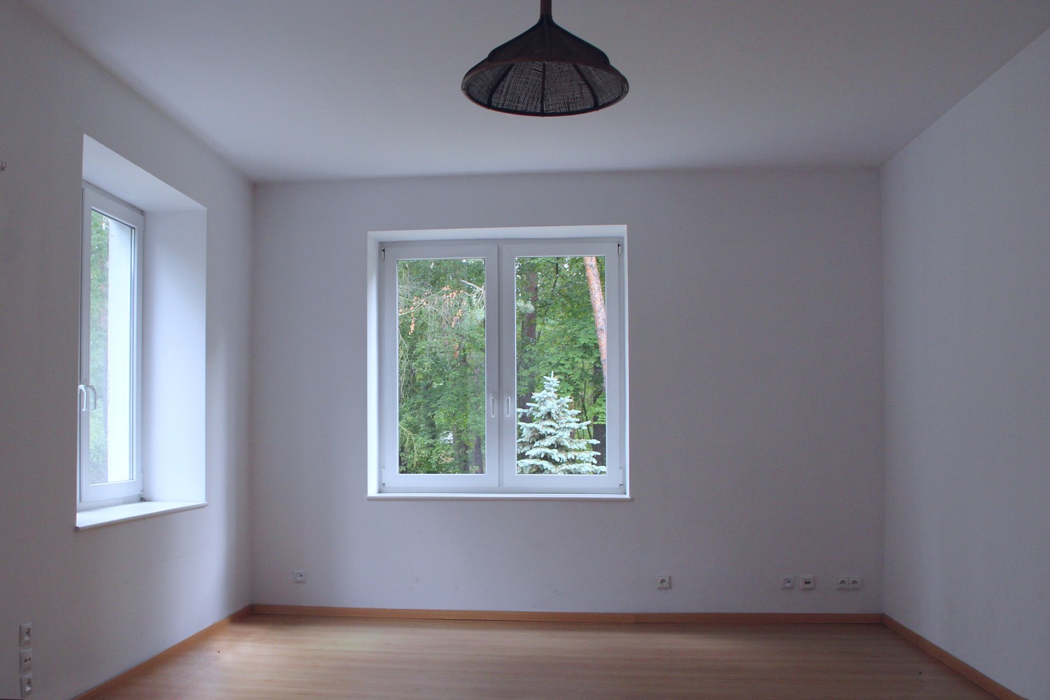 Empty clear room with window overlooking forest. Window overlooking forest. Room in country house with forest view